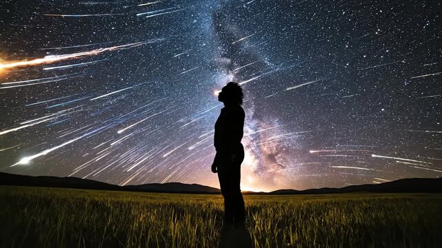 Silhouette of a Person Watching a Meteor Shower Under the Milky Way Galaxy