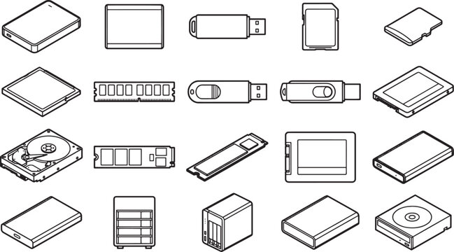 array of modern storage devices for data management, presented in a clean and organized manner.