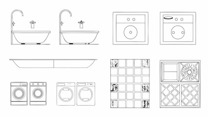 Architectural plan displaying bathroom and laundry room fixtures © Bithi