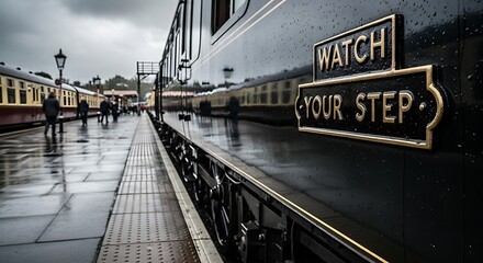 Obraz premium Vintage 'watch your step' sign on a classic train at a rainy station platform, with reflections on the wet surface and a, platform