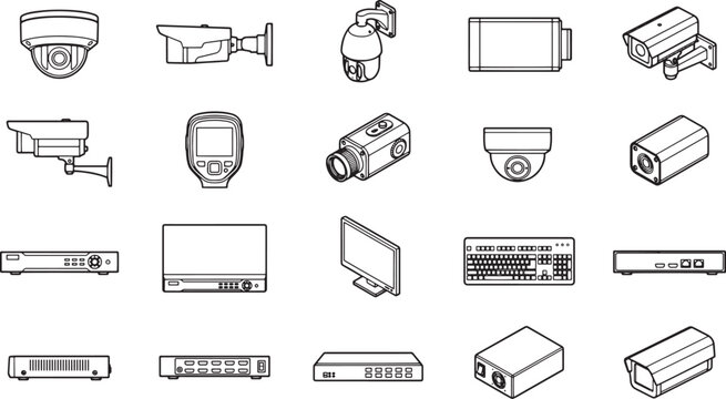 Set of Various Security Camera and CCTV Equipment Icons. A comprehensive collection of line art icons depicting various security cameras and CCTV equipment.