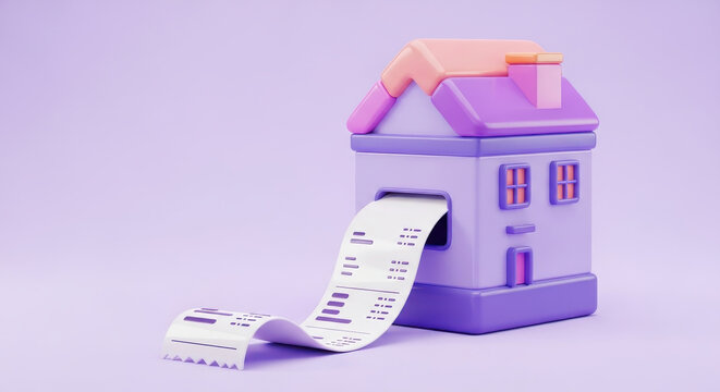 3d illustration of house with long receipt representing household bills expenses budgeting and home finance management concept