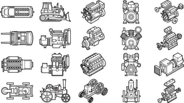 Collection of detailed technical illustrations, showcases various mechanical engines and industrial machinery components with a clean and precise style.