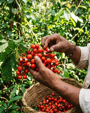 Guarana (Paullinia cupana) fruits in the hands of a worker.
