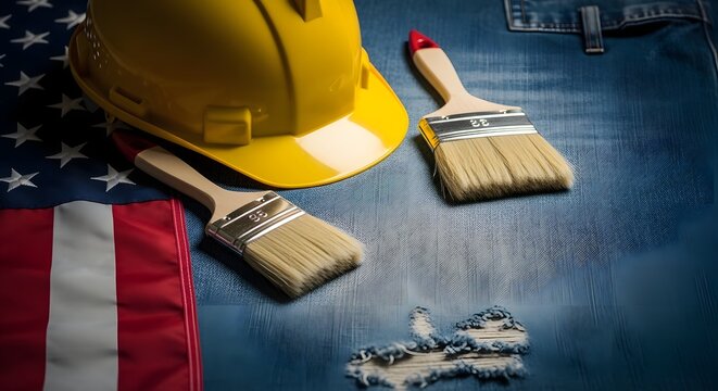 American construction tools of the trade on old glory