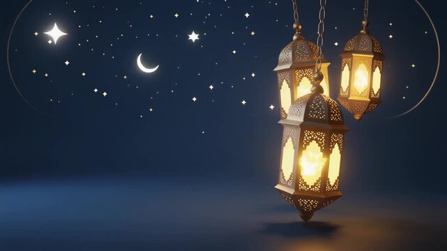 Ramadan Kareem lanterns hanging under a starry night sky with moon