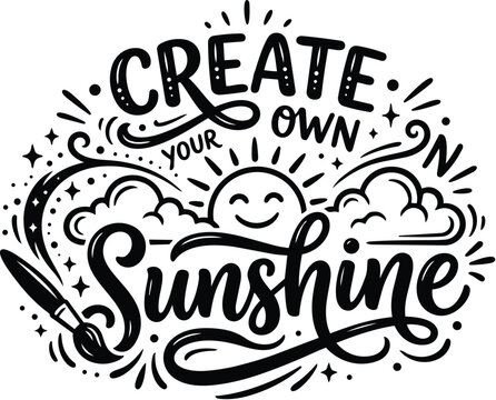 Sunshine lettering with sun and clouds in vector style for wall art