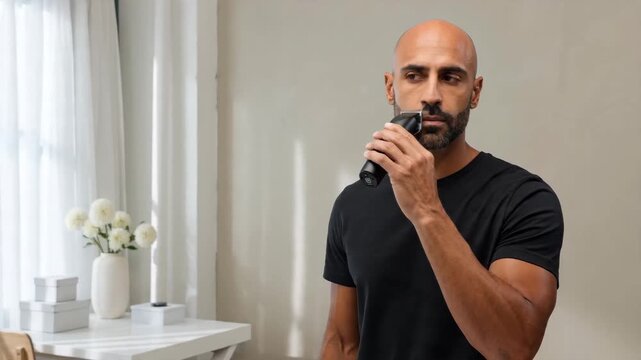 Confident Bald Man with Stylish Beard Trimming His Mustache with Precision in a Modern Home Setting