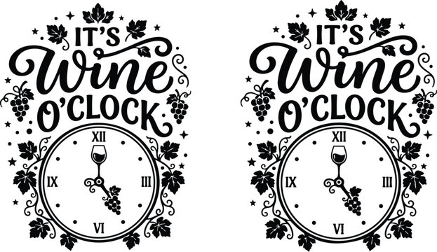 Wine o clock vector art with clock face and grape vines