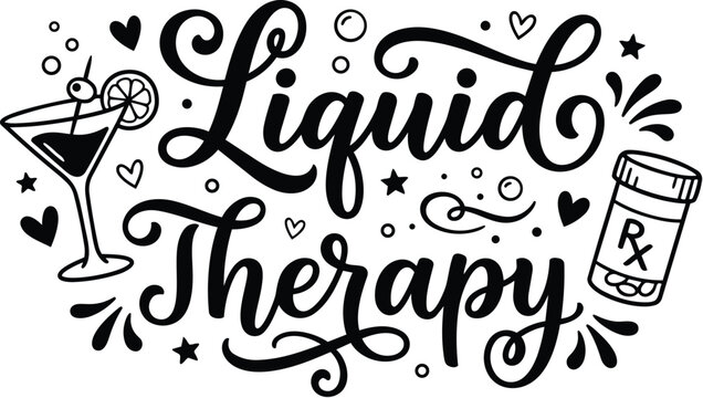 Vector art liquid therapy design cocktail glass and rx bottle doodle calligraphy