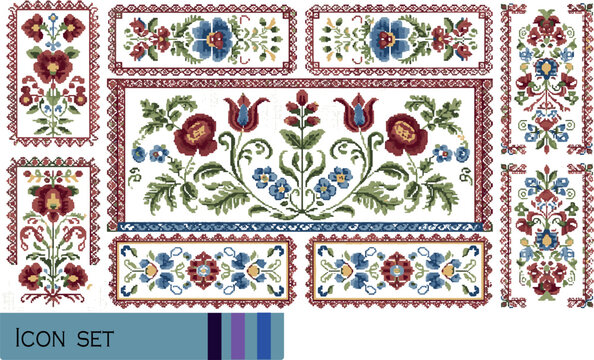 Print Traditional Hungarian Folk Art Floral Embroidery Pattern Set