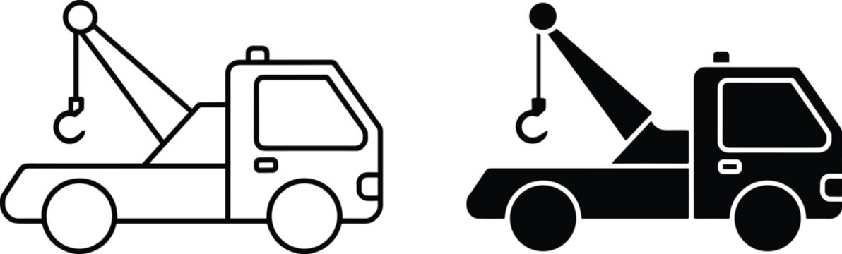 Tow truck icon set with outline and solid silhouette styles, vehicle towing service symbol collection for roadside assistance transport repair and recovery design
