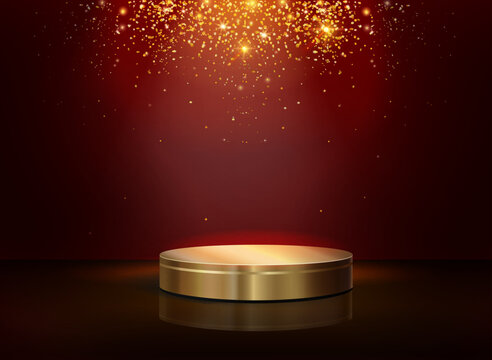 Gold pedestal with light shine on dark purple background. Empty circle base in luxury design for product display, advertising, sale, and show. Vector illustration.