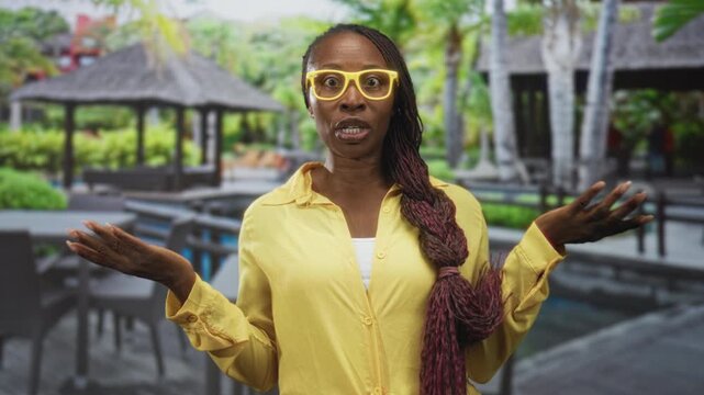Young woman in yellow shirt and glasses shrugging with hands near a resort pool building gazebo; uncertainty confusion.