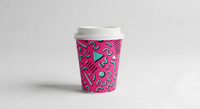 Colorful Abstract Pattern Coffee Cup Mockup Isolated on White Background