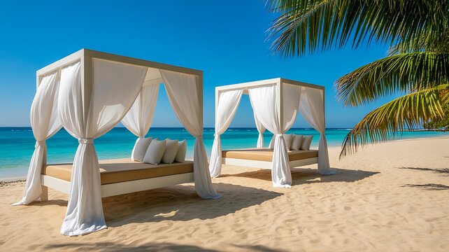 Luxury beach cabanas on tropical sandy shore with clear blue sky and palm trees relaxing summer vacation scene 