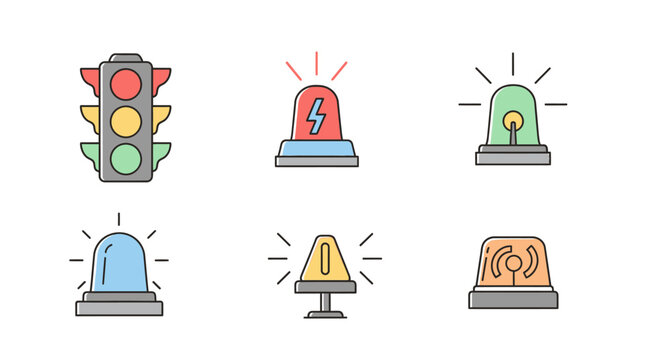 Colorful traffic lights and warning signals.