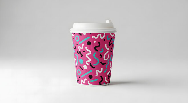 Vibrant Pink Abstract Pattern Takeaway Coffee Cup Mockup Isolated on White Background