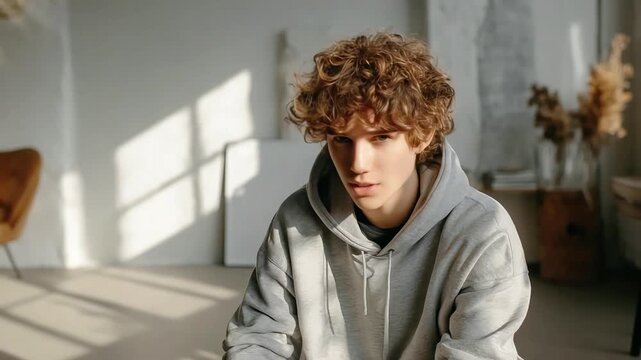 A bright and welcoming portrait of a young man with curly hair, conveying optimism and approachability. Ideal for lifestyle marketing and website imag