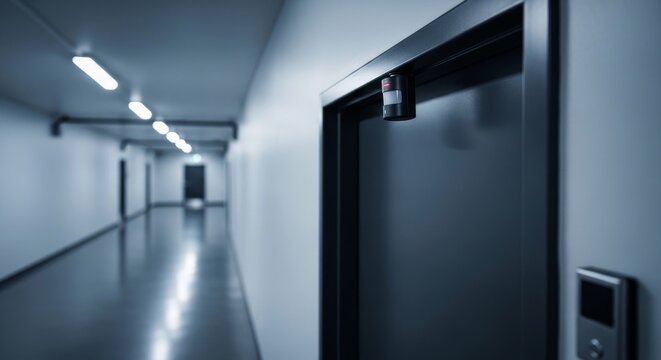 Motion Sensor Discreetly Mounted Above Doorway in Hallway