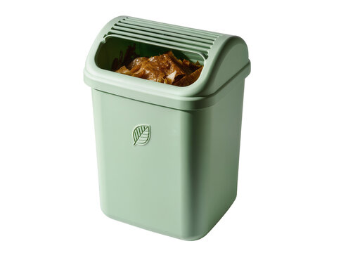 Isolated light green kitchen compost bin or food waste caddy with organic scraps inside