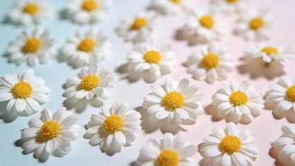 Fototapeta premium Vibrant daisies spread across pastel background with white flowers and yellow centers