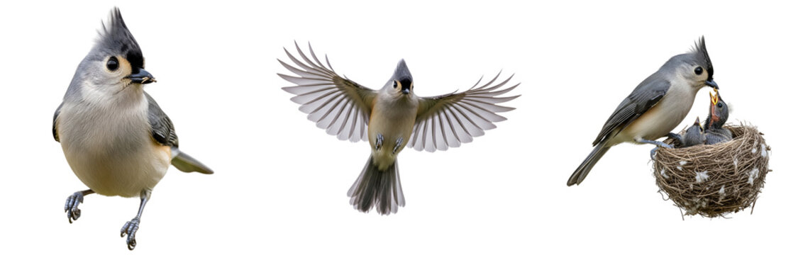 Three tufted titmice birds in different poses on transparent background