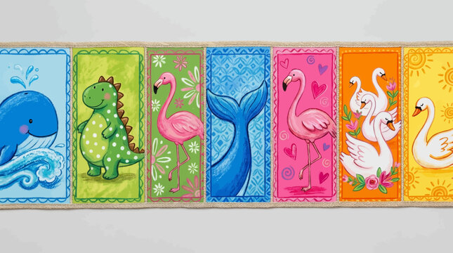 Colorful animal icons on fabric panels.