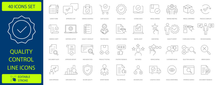 Quality control line icons set, 40 business management vector symbols, professional compliance and standard assurance thin line icons for web design