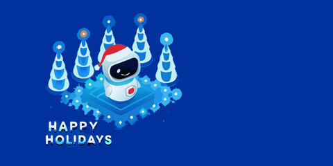 A festive robot wearing a santa hat celebrates happy holidays © Sudhakar