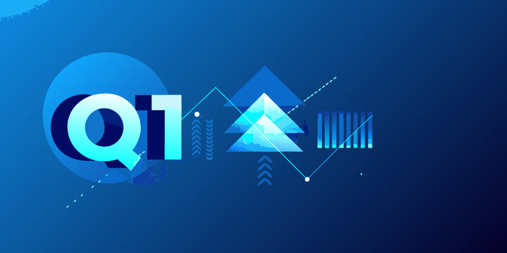 Abstract representation of q1 data featuring geometric shapes and bold text