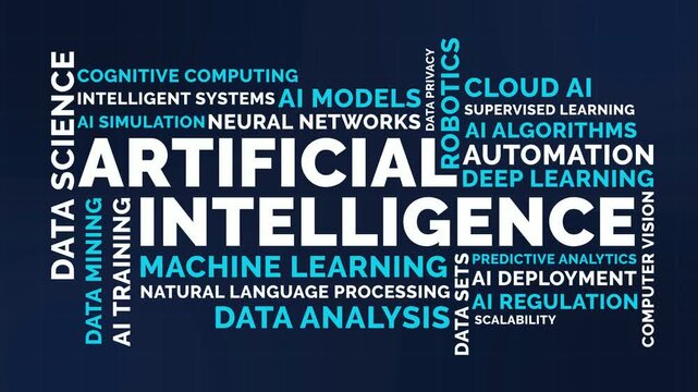 Dark Blue Artificial Intelligence Word Cloud Animation Shameless Loop. AI Kinetic Typography Data Technology