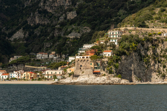 Scenic Erchie vista in springtime viewed from the boat, Amalfi Coast, Campania, Southern Italy