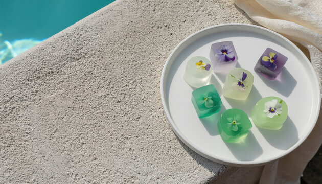 Summer picnic food styling. An assortment of Glass Fruit cakes and translucent jelly cubes made from agar-agar with embedded edible flowers by poolside