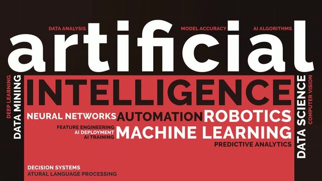 Red and Black Artificial Intelligence Word Cloud Background Animation Seamless Loop. Bold Modern Tech Typography Theme