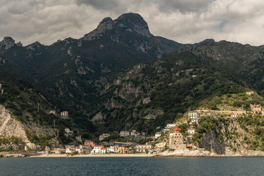 Scenic Erchie vista in springtime viewed from the boat, Amalfi Coast, Campania, Southern Italy