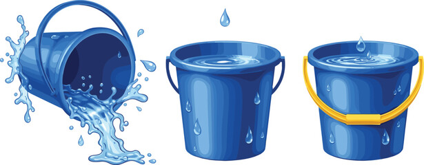 Blue Water Bucket Set Showing Full Spilling and Splashing Water with Drops Realistic Flat Vector Illustration Set © MstRozinaAkter