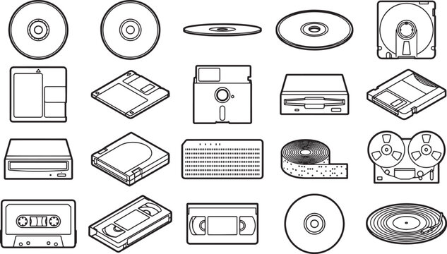 Vintage Storage Media in a grid array, a minimalist style illustration showcasing a collection of obsolete storage media, presenting a nostalgic glimpse into the evolution of data storage technology.
