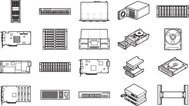 Digital schematic illustrating diverse hardware components, meticulously designed for technology enthusiasts and IT professionals. Focuses on the inner workings of various computer parts.