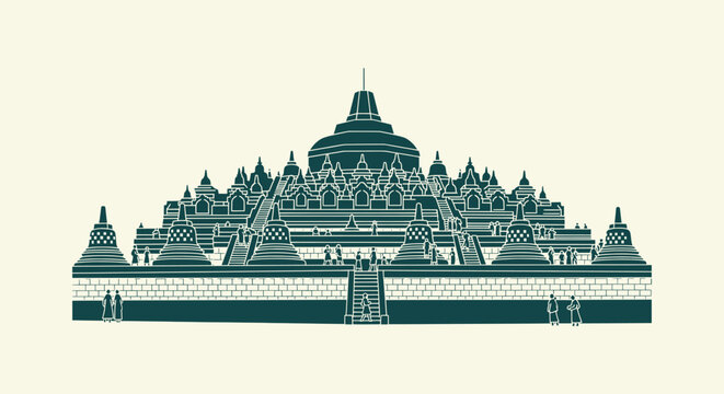 Flat Vector Illustration of the Ancient Buddhist Temple Borobudur Landmark in Indonesia Heritage