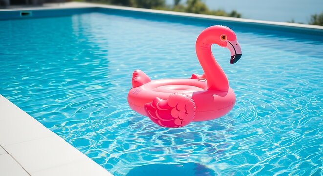 Pink flamingo inflatable float in a clear blue swimming pool on a sunny day