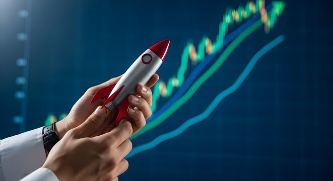Hands holding a metallic toy rocket model to represent business growth and successful startup market expansion