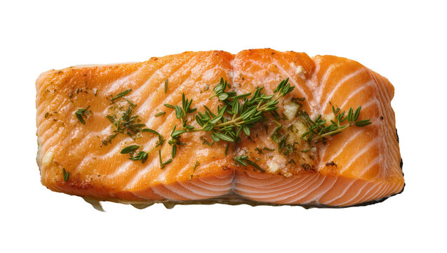 Isolated perfectly grilled salmon fillet with aromatic herbs on top, delicious seafood meal