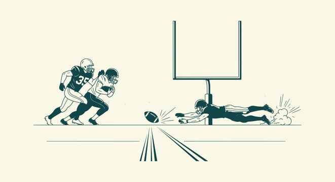 Minimalist American Football Illustration with Players Running and Diving Towards the Goalpost.