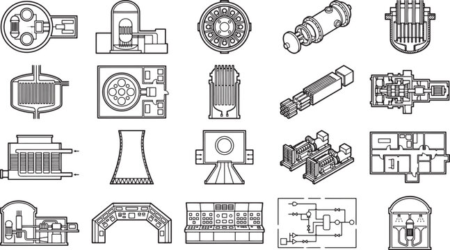 An assortment of industrial and technical illustrations showcasing the various components and designs used in a nuclear power plant, a symbol of industrial and technological prowess.