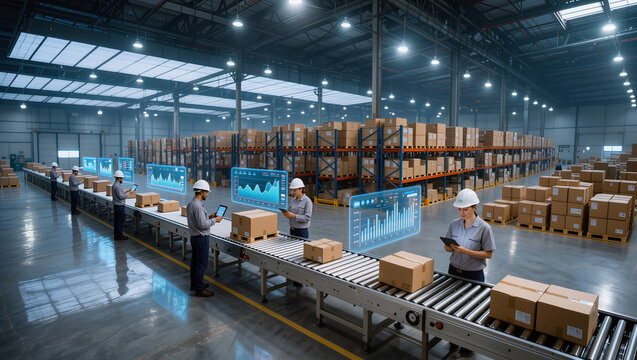 automated smart warehouse with robotic arms on conveyor belt and agv mobile robots, industrial automation and intelligent logistics fulfillment center with ai technology, modern distribution factory