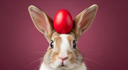 Obraz premium Cute bunny rabbit wearing a red easter egg on its head with animal portrait baby animal photography domestic animal