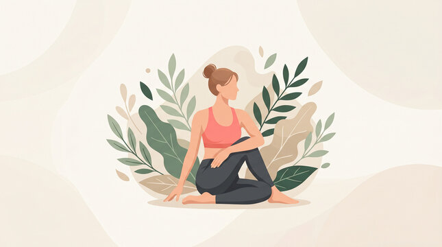 Woman practicing ardha matsyendrasana half lord of the fishes pose in yoga seated twist flat design exercise stretching meditation wellness flexibility concentration activity wellbeing