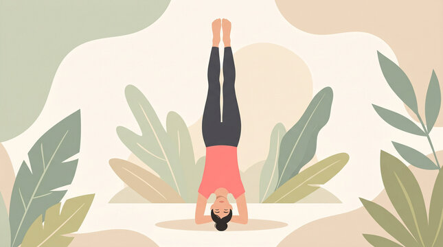 Woman performing a headstand yoga pose with abstract plant background headstand inversion exercise wellness relaxation lifestyle strength flexibility meditation activity wellbeing interior