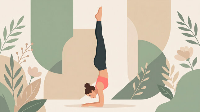 Woman performing forearm stand yoga pose with abstract plant background inversion exercise wellness strength flexibility meditation activity wellbeing interior illustration minimalist